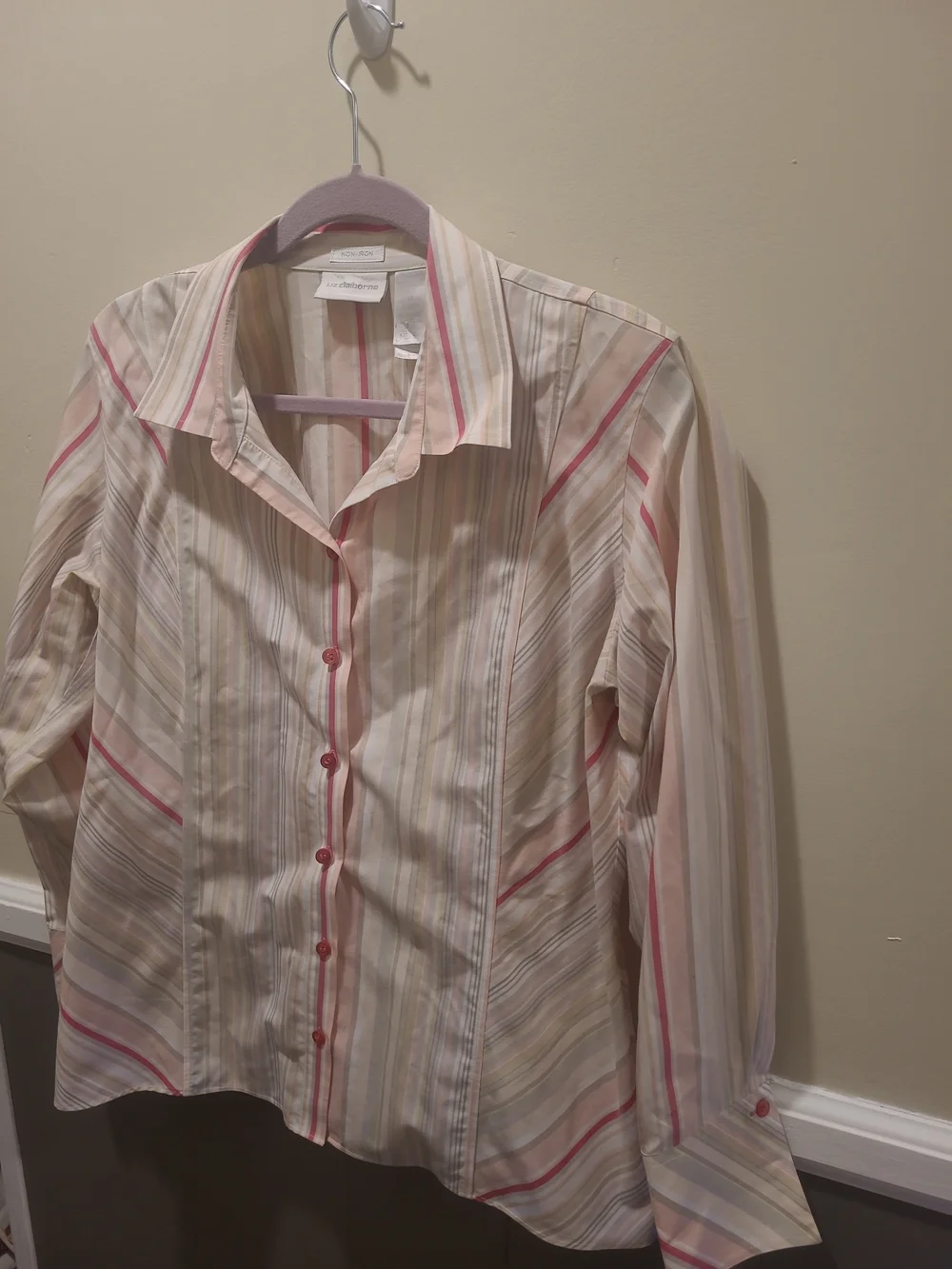 LIZ CLAIBORNE, WOMEN'S MULTI-COLOR COTTON LONG SLEEVED STRIPED BLOUSE, SIZE 14